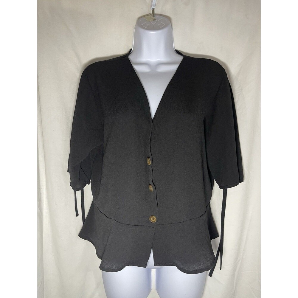JON & ANNA Contemporary Black Peplum Top Large V-Neck Button Front Tie Sleeve